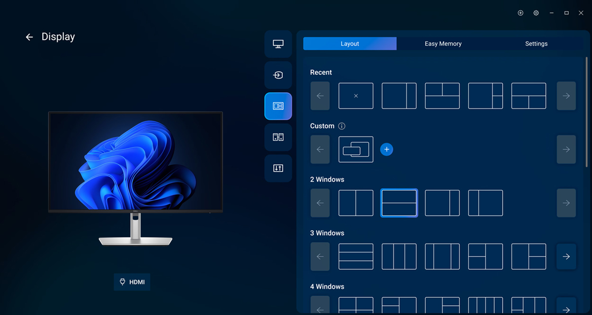 Dell Display Manager của P2425H cho phép tổ chức không gian màn hình hiệu quả với tính năng Easy Arrange
