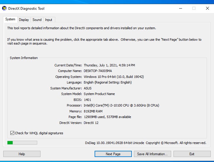  nhập lệnh dxdiag 