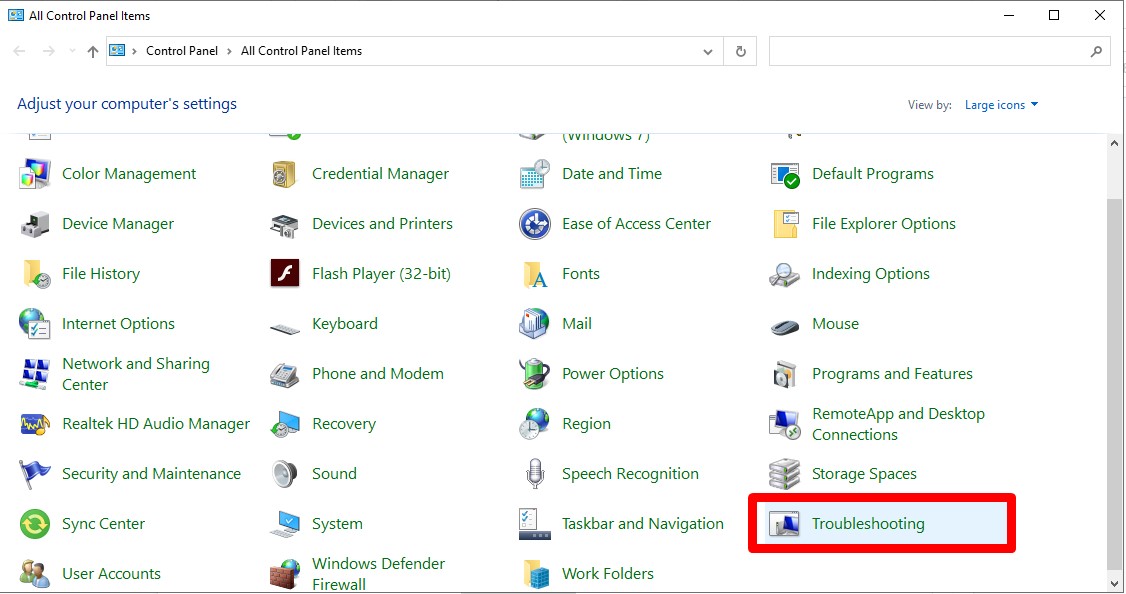 Mở Control Panel và chọn Troubleshooting