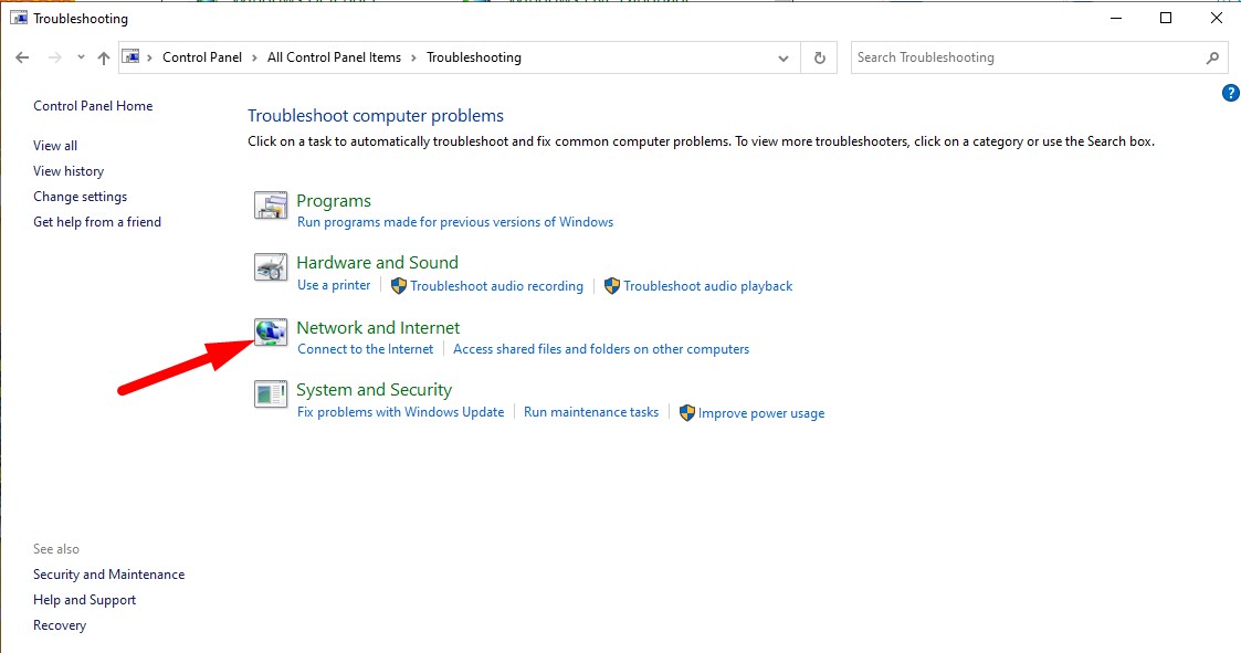 Chọn Network and Internet