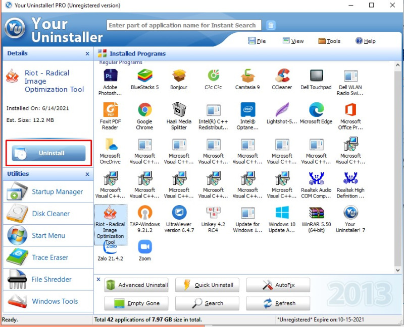 Cách xóa ứng dụng trên máy tính vĩnh viễn bằng Your Uninstaller bước 2-1
