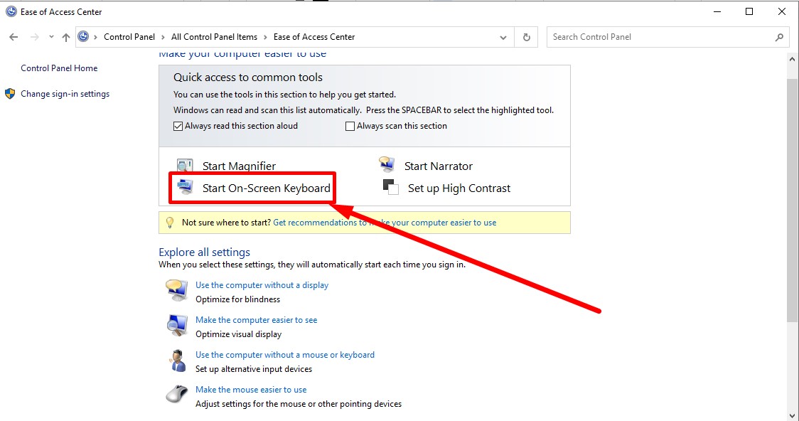 click chuột vào mục start on-screen keyboard