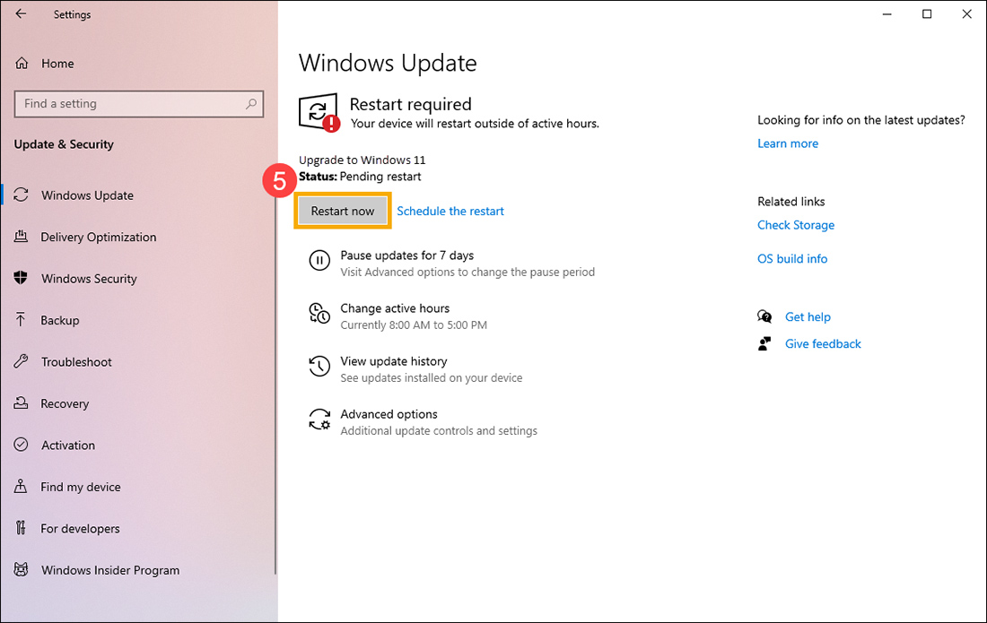 Nhấn vào Restart Now để hoàn thành update Windows 11