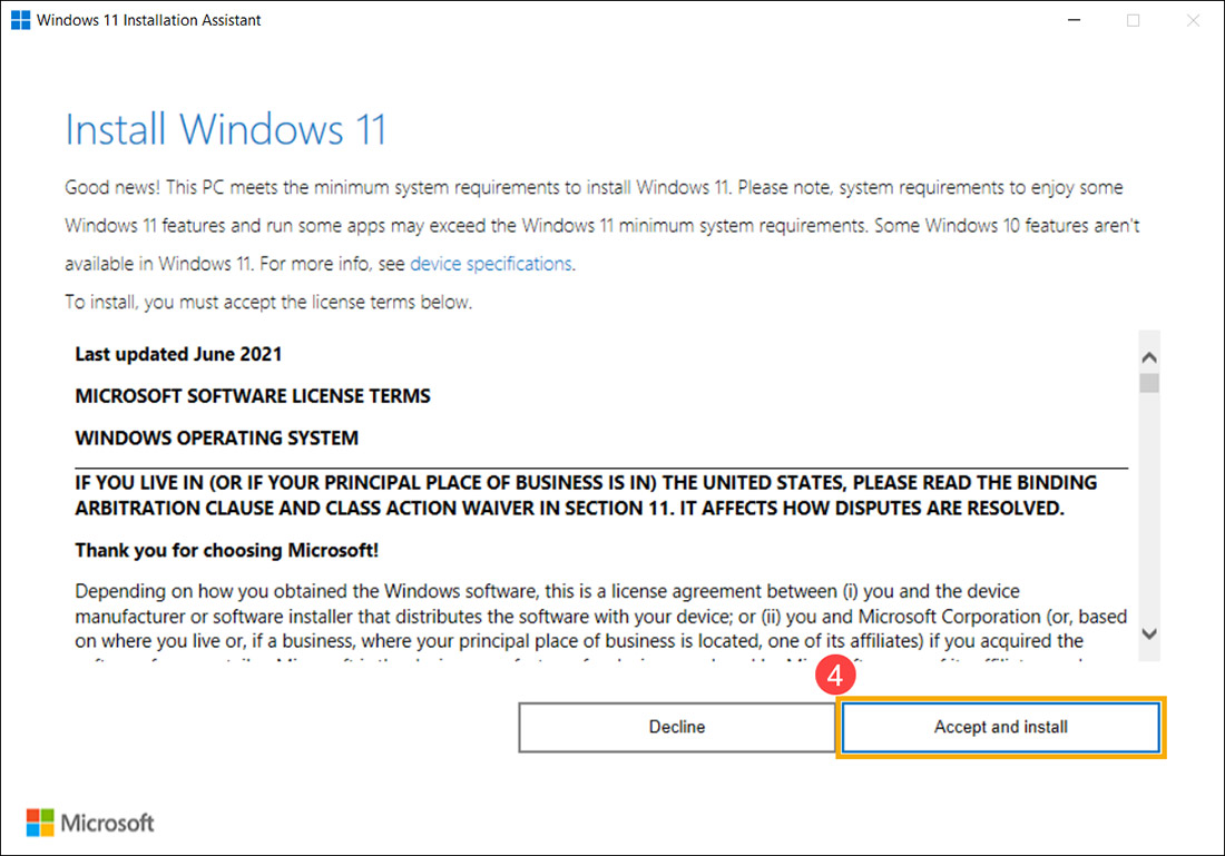 Chấp nhận điều khoản sử dụng để nâng cấp Windows 11
