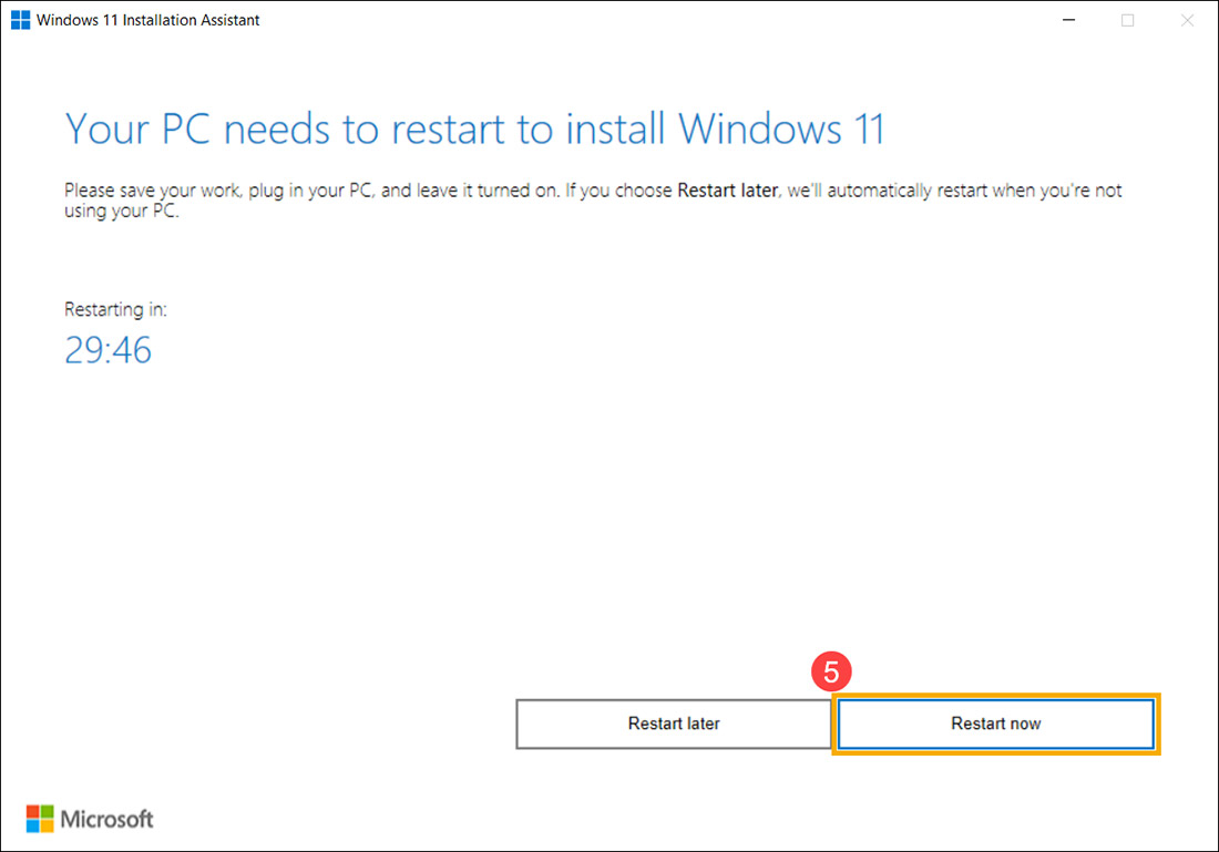 Nhập Restart now để bắt đầu cài đặt Windows 11
