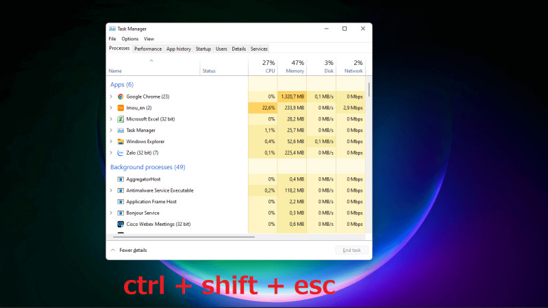 Sử dụng tổ hợp phím mở Task Manager Ctrl + Shift + Esc trên Win 10