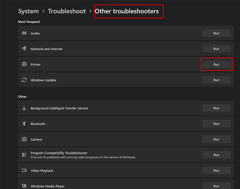 Chạy tr&igrave;nh khắc phục sự cố m&aacute;y in để sửa lỗi 0x00000709