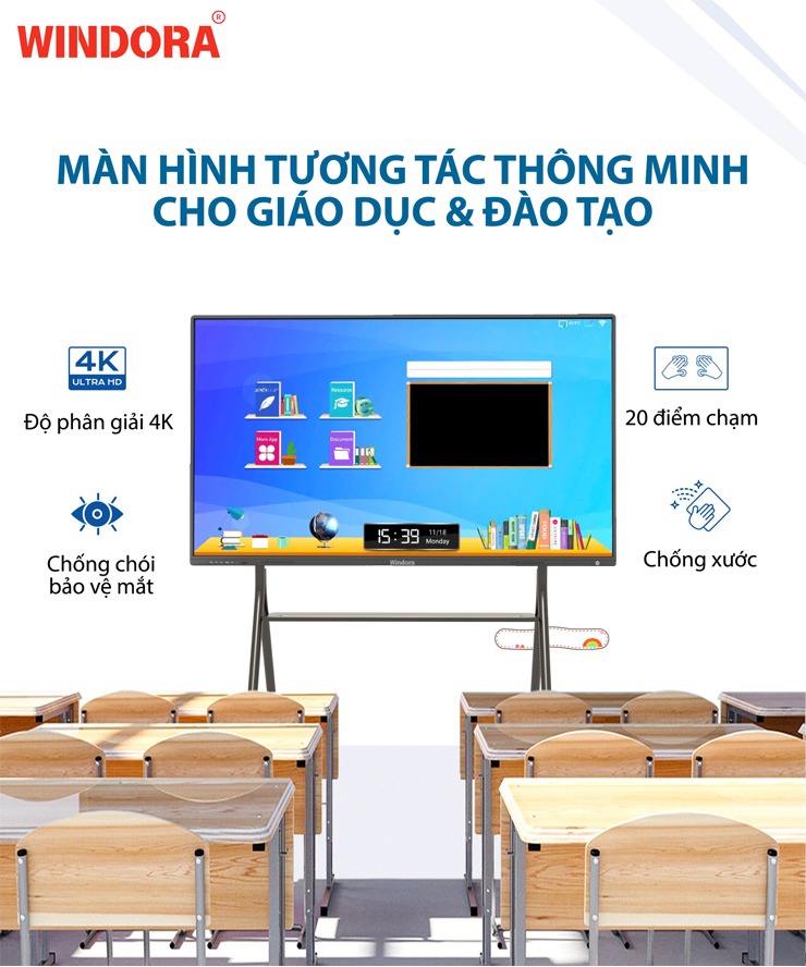 Windora 65IB4K sở hữu thiết kế tối giản với khung màn hình chắc chắn, phù hợp lắp đặt tại phòng họp, lớp học