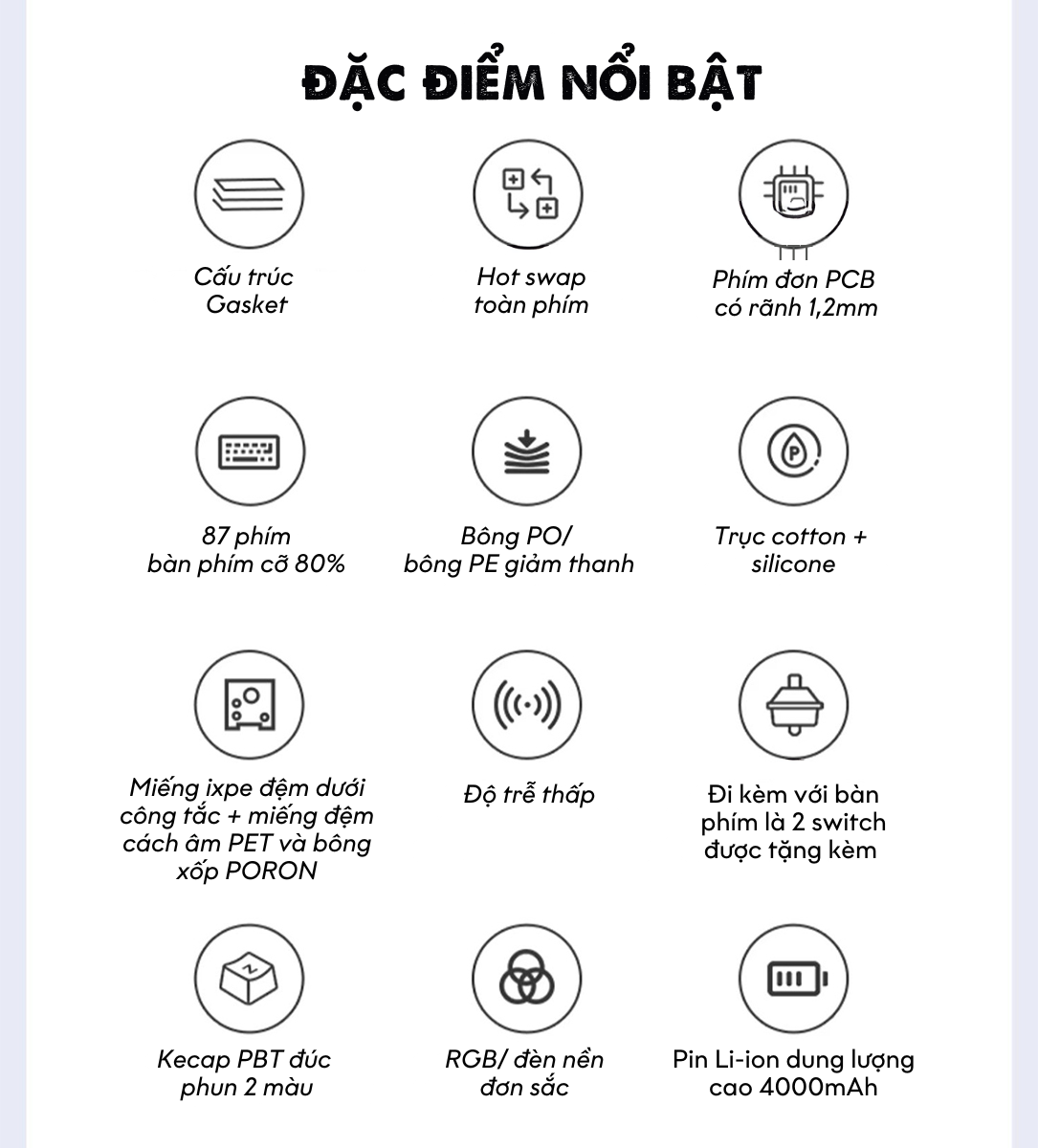 Bàn phím cơ AULA F87 3 mode Đen Trắng Xanh dương (TypeC + 2.4G + Bluetooth, Grey wood V3 switch, led RGB) 2