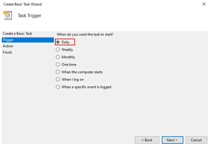 Hẹn giờ tắt máy tính PC hàng ngày bằng Windows Task Scheduler bước 2-3