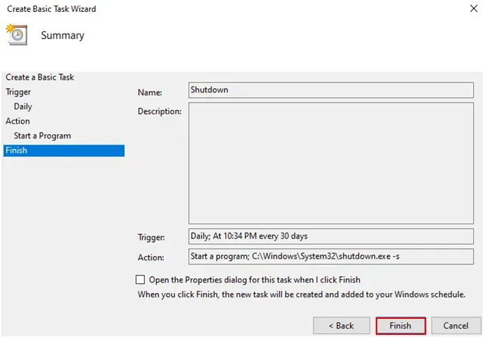 Hẹn giờ tắt máy tính PC hàng ngày bằng Windows Task Scheduler bước 2-6