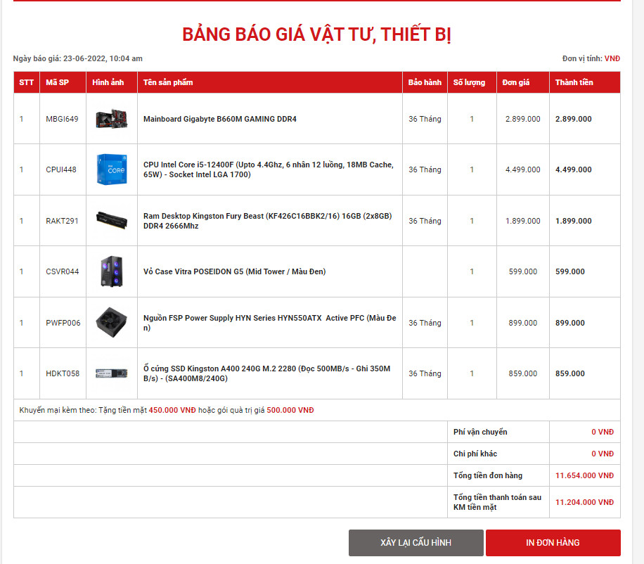 bảng giá bộ PC 15 triệu