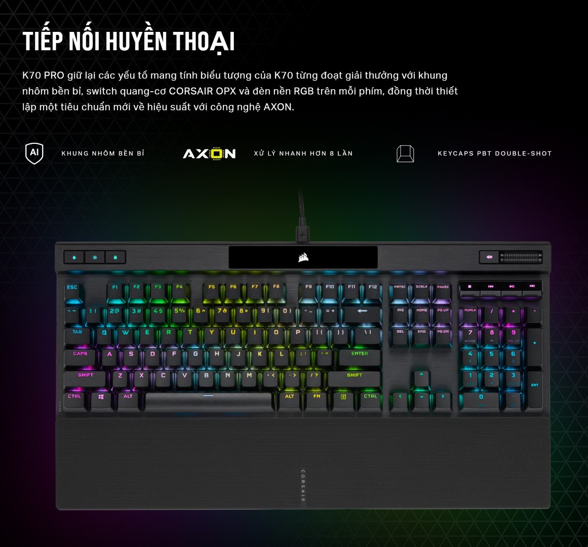 Bàn phím gaming có dây Corsair K70 PRO-BLK-OPX Silver Switch Led RGB CH-910941A-NA