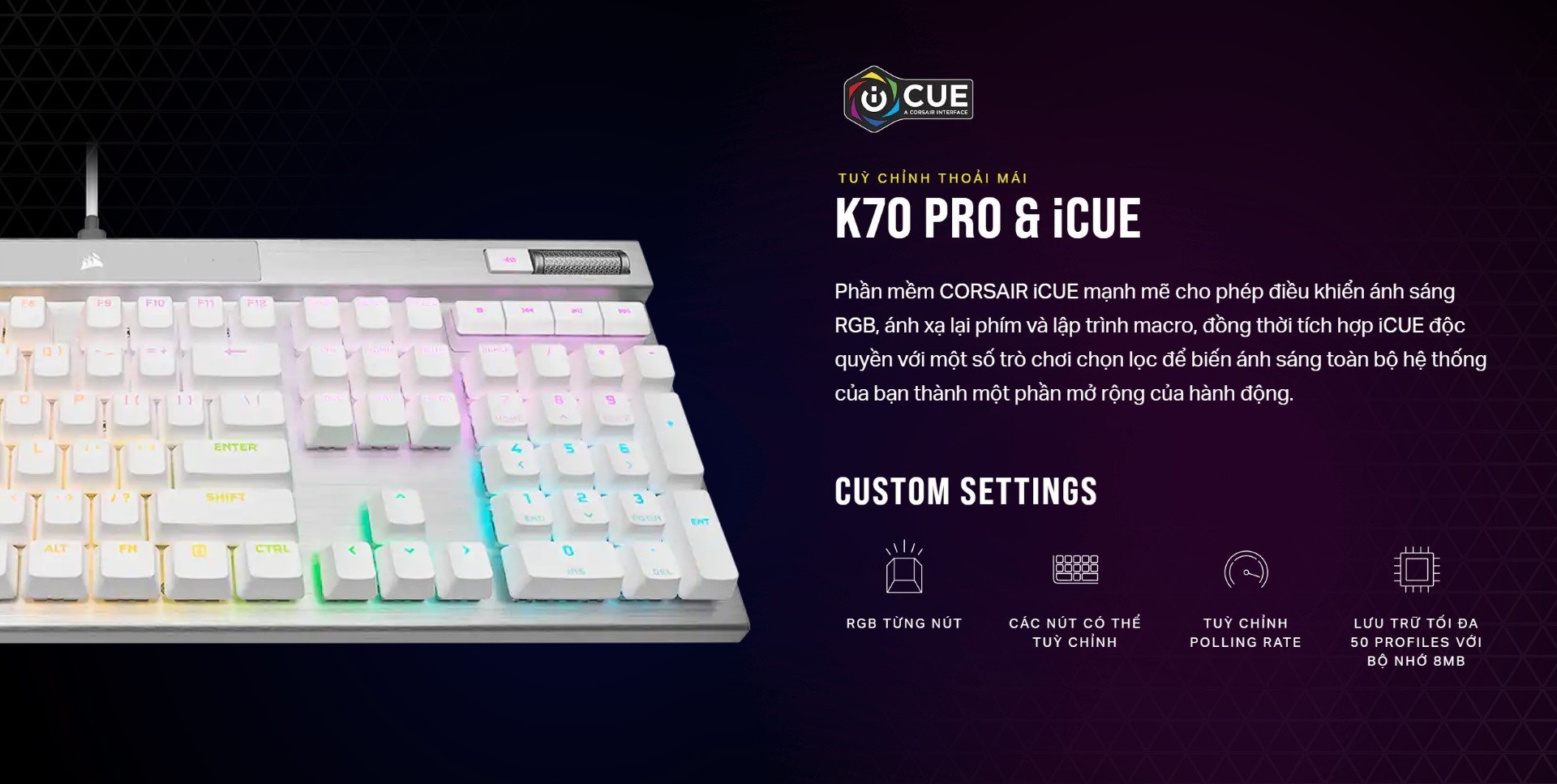 Bàn phím gaming có dây Corsair K70 PRO-BLK-OPX Silver Switch Led RGB CH-910941A-NA