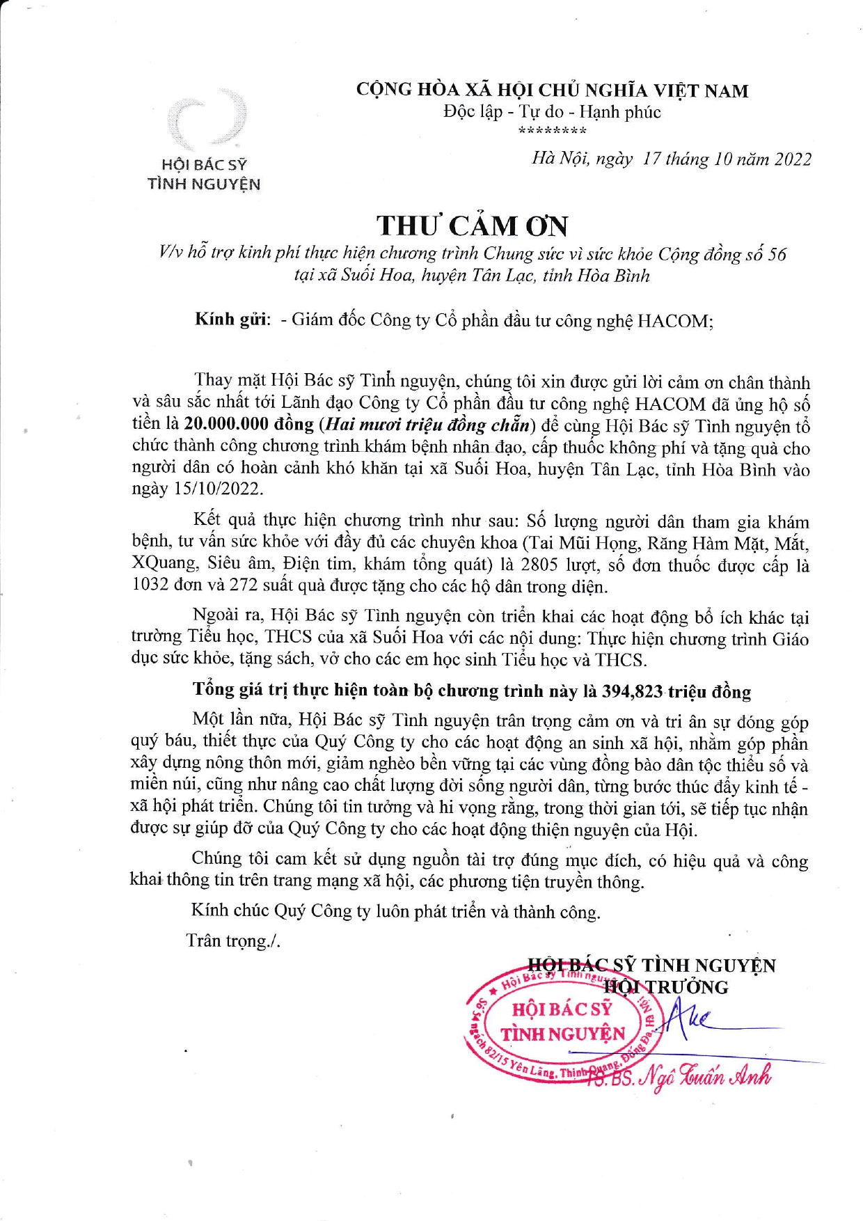 Thư cảm ơn công ty HACOM