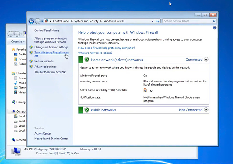 Tắt tường lửa trên Windows 7