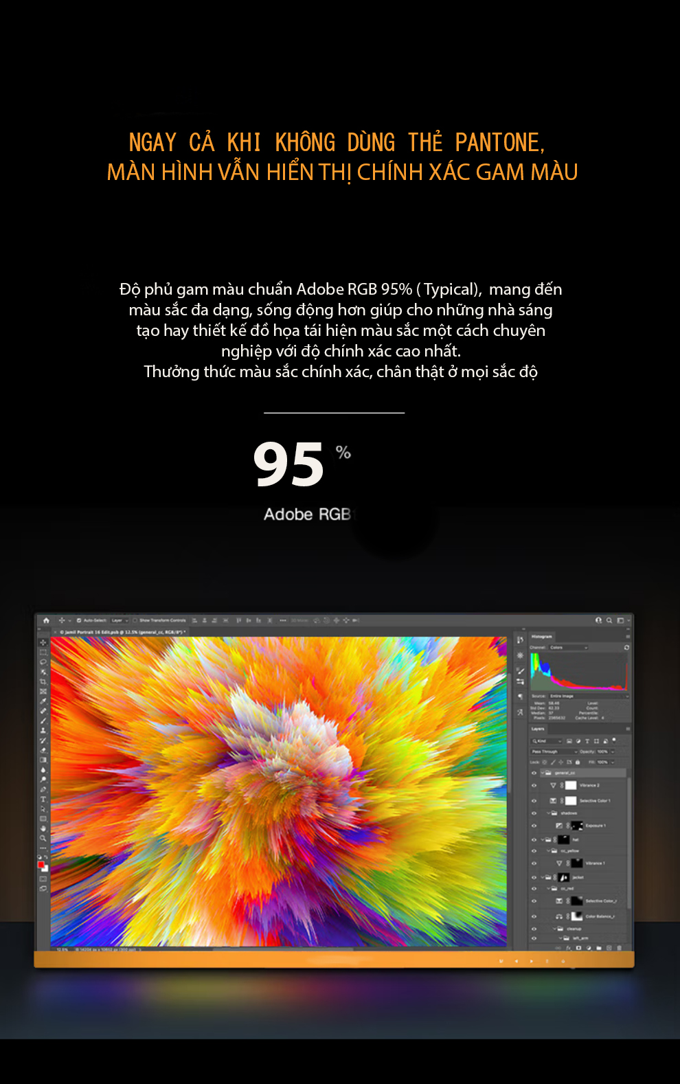 Màn hình sử dụng tấm nền IPS với độ phủ màu 95% sRGB, mang đến khả năng hiển thị màu sắc tương đối chính xác và đồng đều.