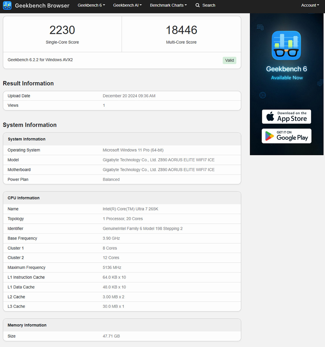 Kết quả GreekBench của Ultra 7 265K