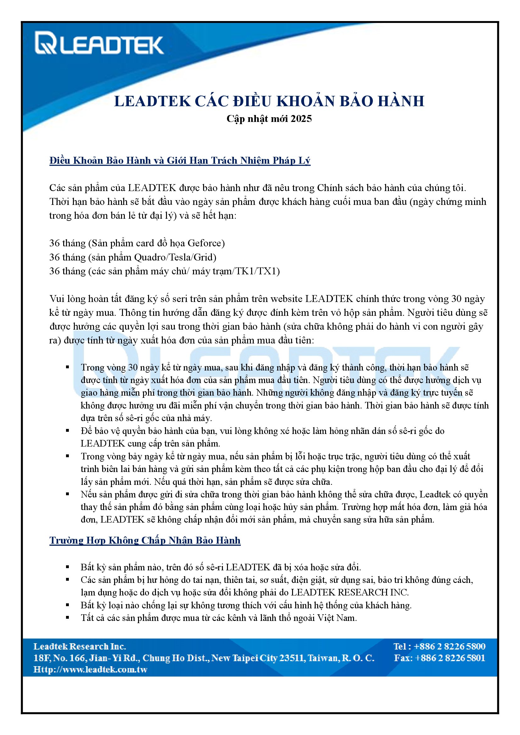 LEADTEK cập nhật chính sách bảo hành mới từ 2025