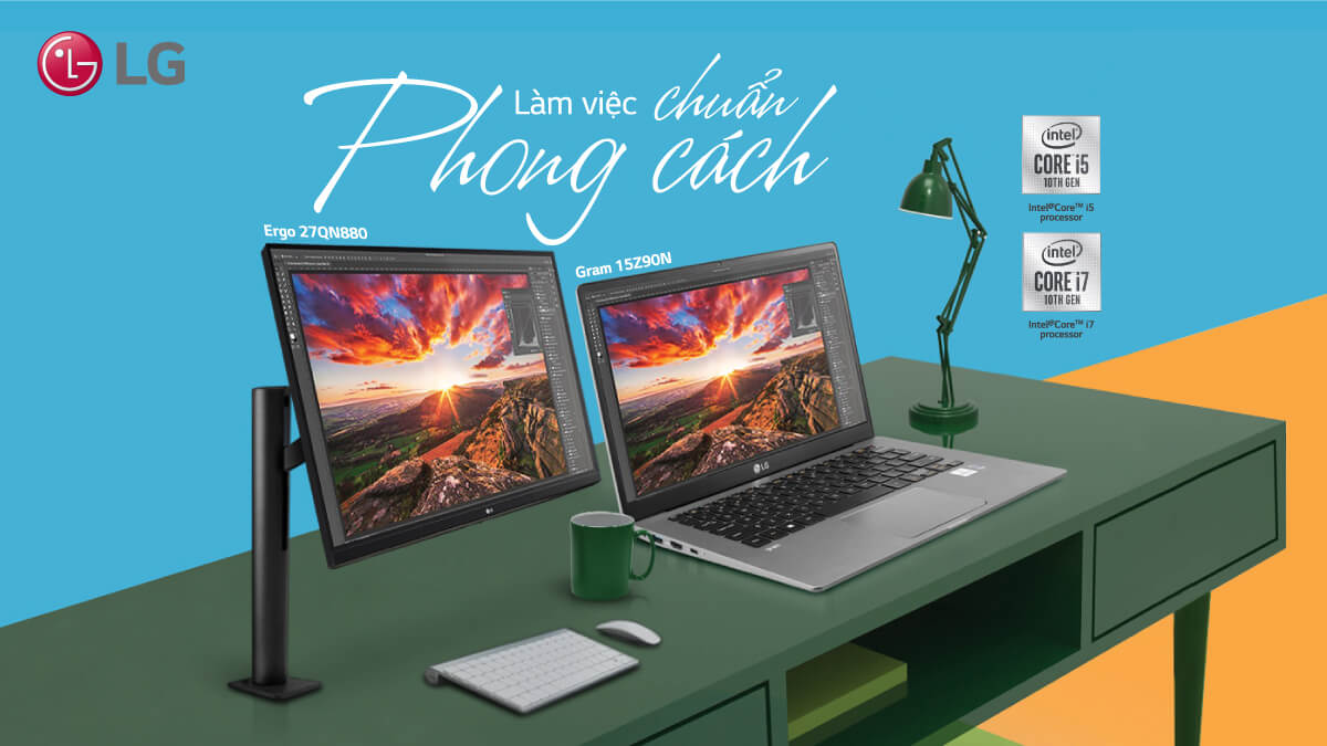 thiết bị văn phòng, màn hình máy tính, máy tính xách tay, lg, lg gram, làm việc phong cách, LG Gram 15Z90N, LG Ergo 27QN880