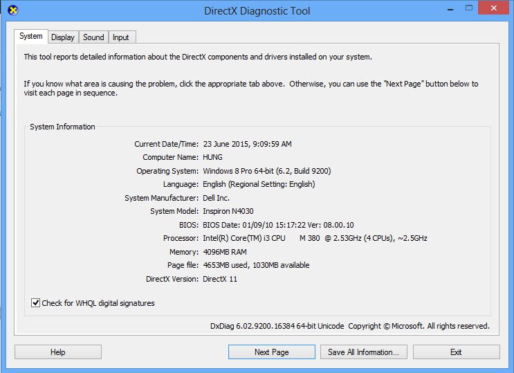 Dùng dxdiag kiểm tra CPU
