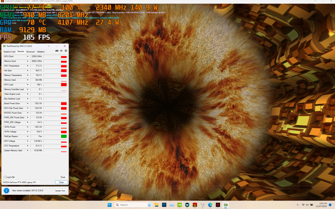 Ở độ phân giải 2.5K, tốc độ khung hình trung bình là 185 FPS,&nbsp; nhiệt độ GPU ổn định ở mức 76°C, nhiệt độ của CPU là khoảng 70°C.