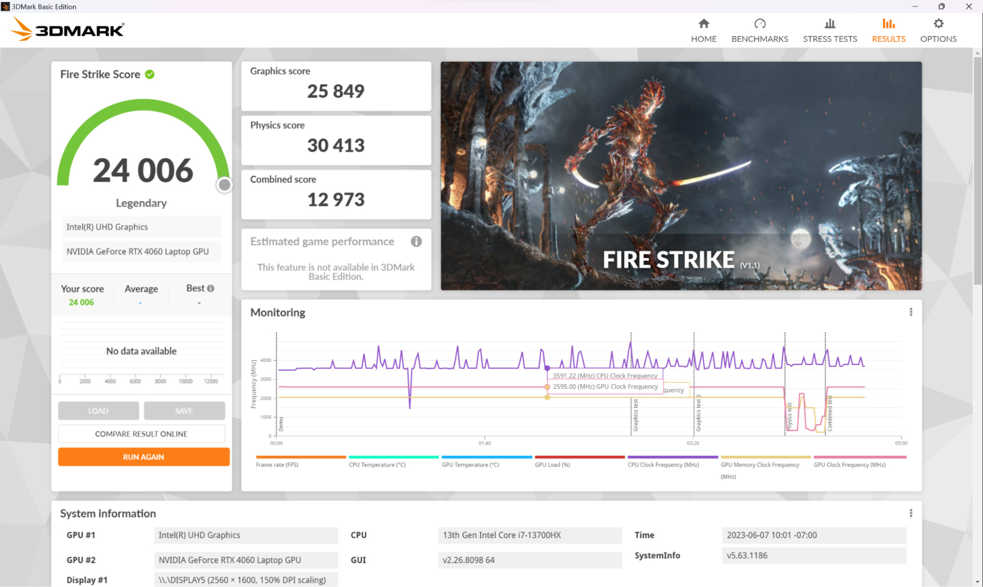 Đối với bài test Fire Strike, máy đạt được điểm số là 24.006, trong đó điểm đồ hoạ là 25.894, điểm Physics là 30413, điểm tổng hợp là 12.973