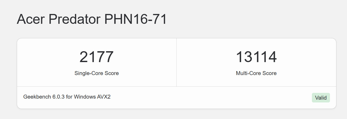 Theo kết quả của Geekbench 6, điểm đa nhân và đơn nhân lần lượt là 13.114 và 2.177 điểm.