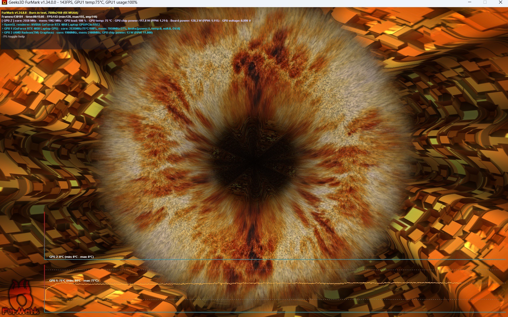 15 phút sau, FPS trung bình là 143 và nhiệt độ GPU là 74-75°C, còn CPU vào khoảng 63-64°C