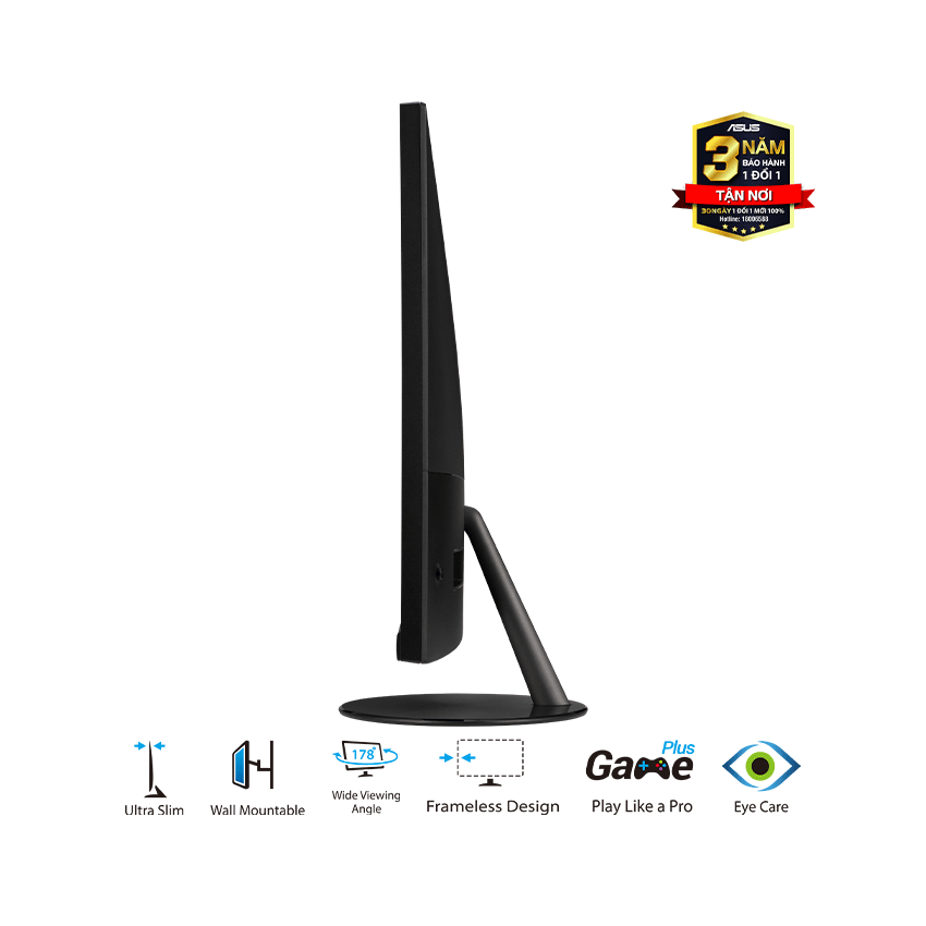 ASUS VL249HE sở hữu thiết kế viền mỏng cùng tông màu đen trung tính, phù hợp với nhiều không gian khác nhau từ văn ph&ograve;ng công ty đến góc làm việc tại nhà.