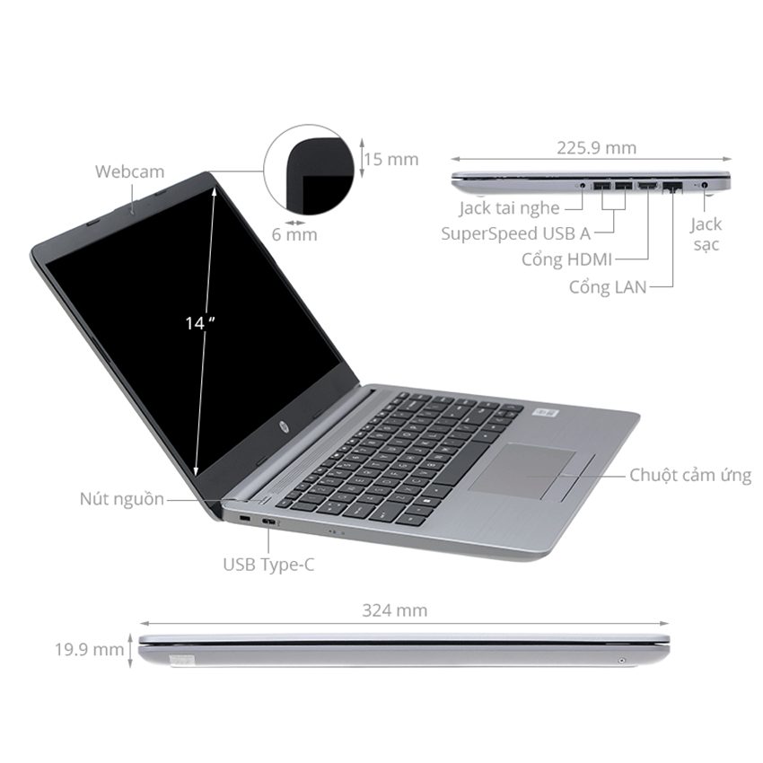 Máy có 2 USB-A 5Gbps, 1 USB-C 5Gbps, HDMI 1.4b, RJ-45, jack tai nghe/micro và cổng AC power.