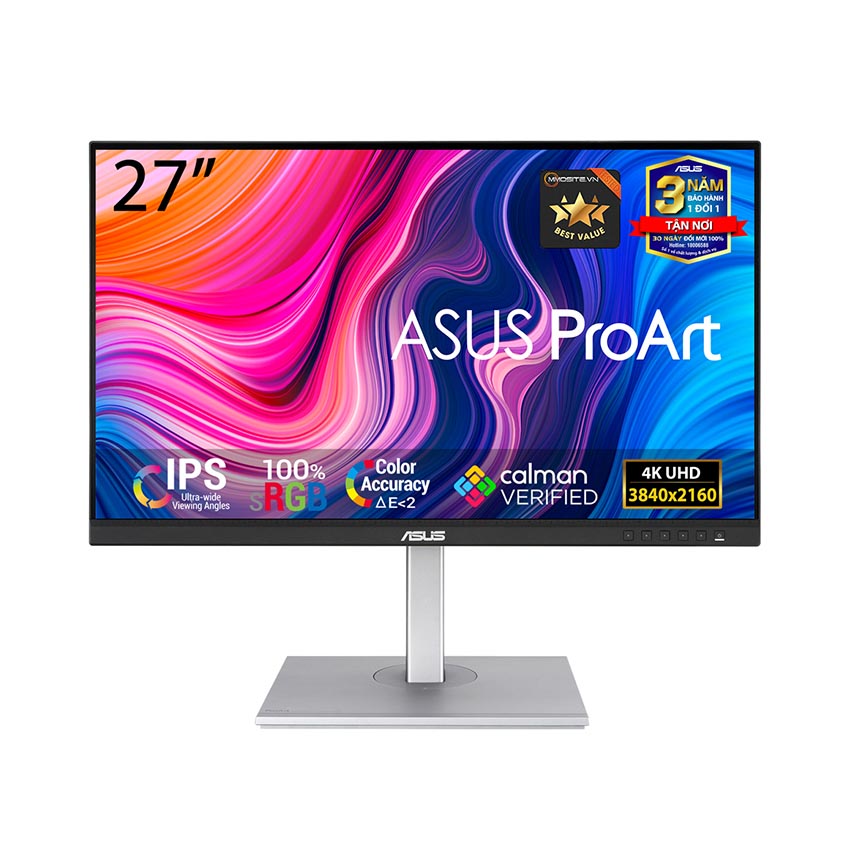 ASUS ProArt PA279CV sở hữu ngôn ngữ thiết kế tối giản đặc trưng của dòng màn ình Asus ProArt, hướng đến môi trường làm việc chuyên nghiệp và sáng tạo