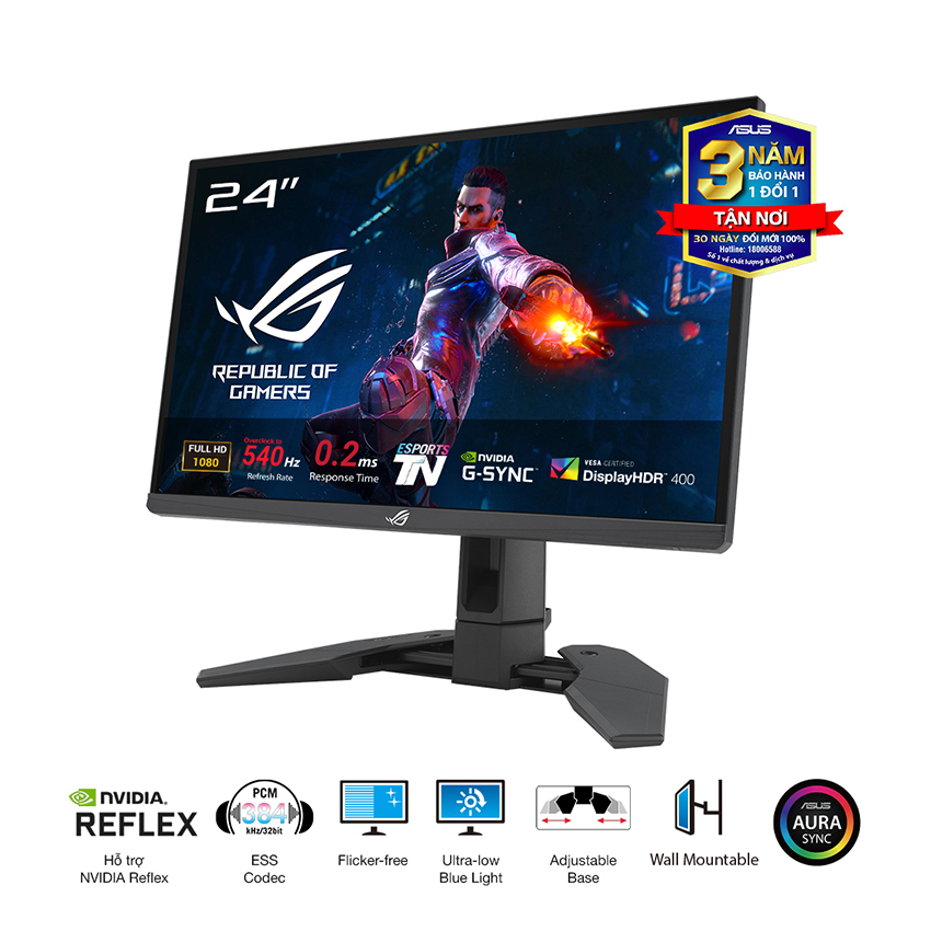 ASUS ROG Swift Pro PG248QP mang đậm phong cách thiết kế của dòng ROG với ngoại hình mạnh mẽ, tông màu đen hiện đại và phần chân đế được tối ưu để tiết kiệm không gian