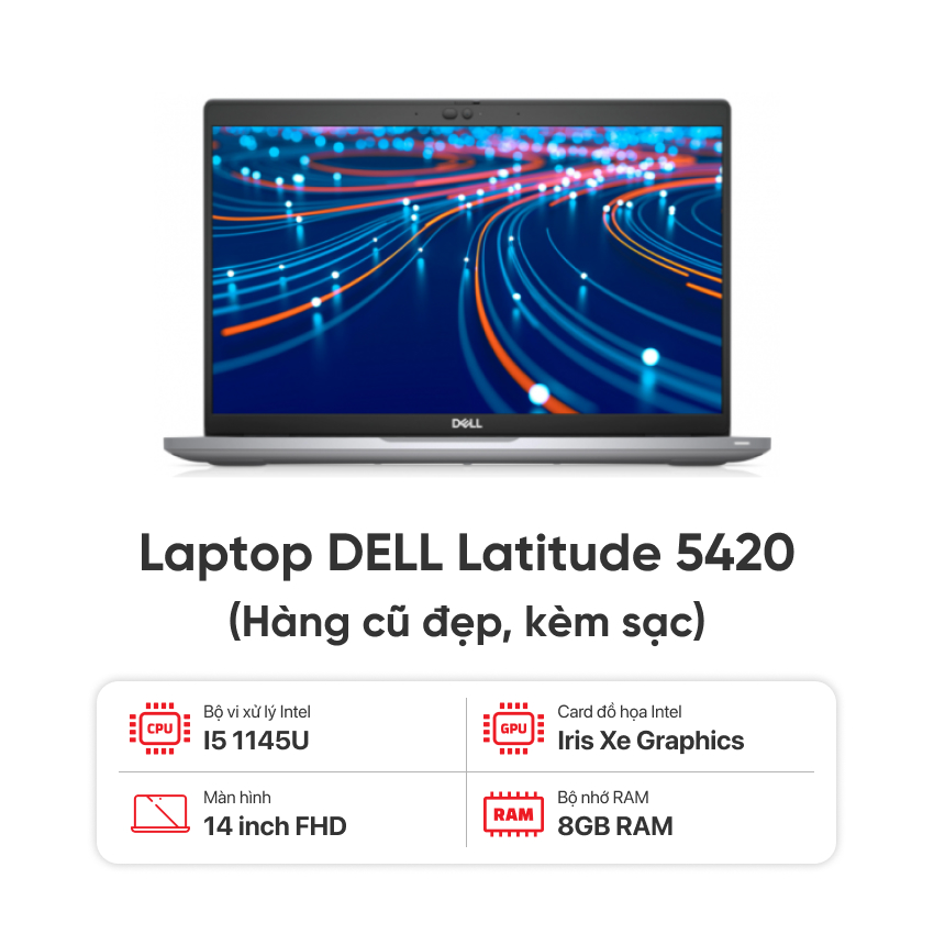 Latitude 5420 có thiết kế màu bạc, kích thước 32.1 x 21.2 x 1.9 cm và trọng lượng 1.37kg, mang lại cảm giác hiện đại nhưng vẫn chắc chắn.