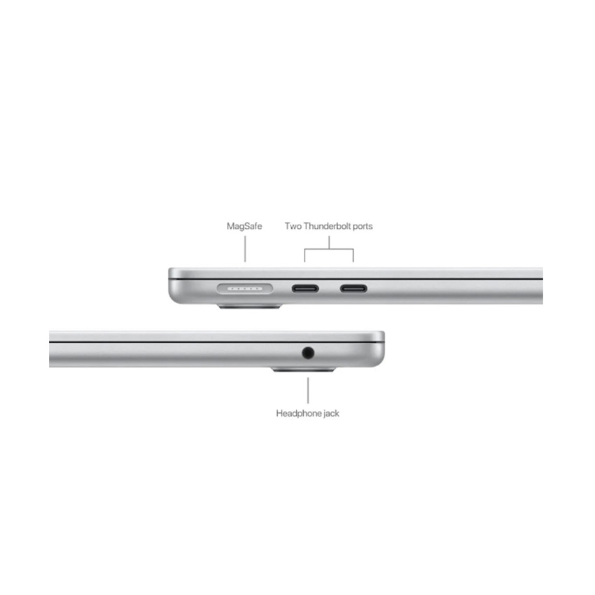 Máy có MagSafe 3, 2 cổng Thunderbolt / USB 4 và jack 3.5 mm, tập trung vào độ gọn và tính thực dụng thay vì nhồi quá nhiều cổng.