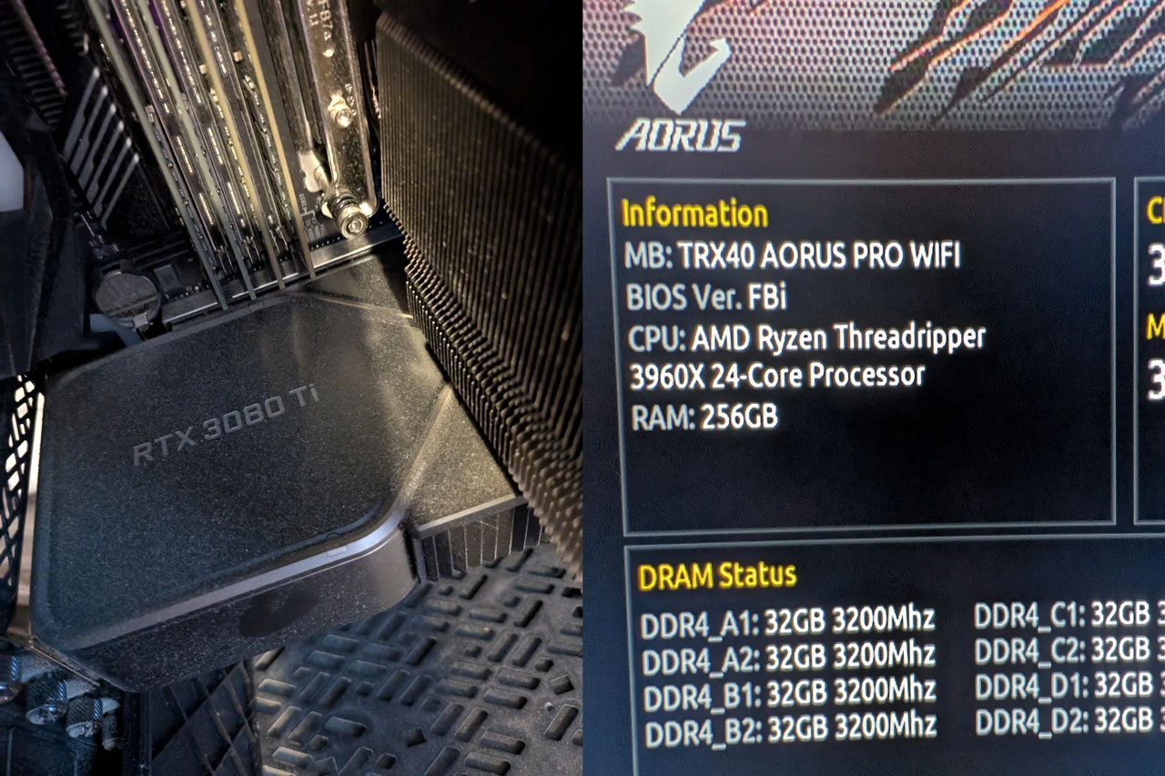 RAM 256GB và card RTX 3080 Ti trong case PC cũ
