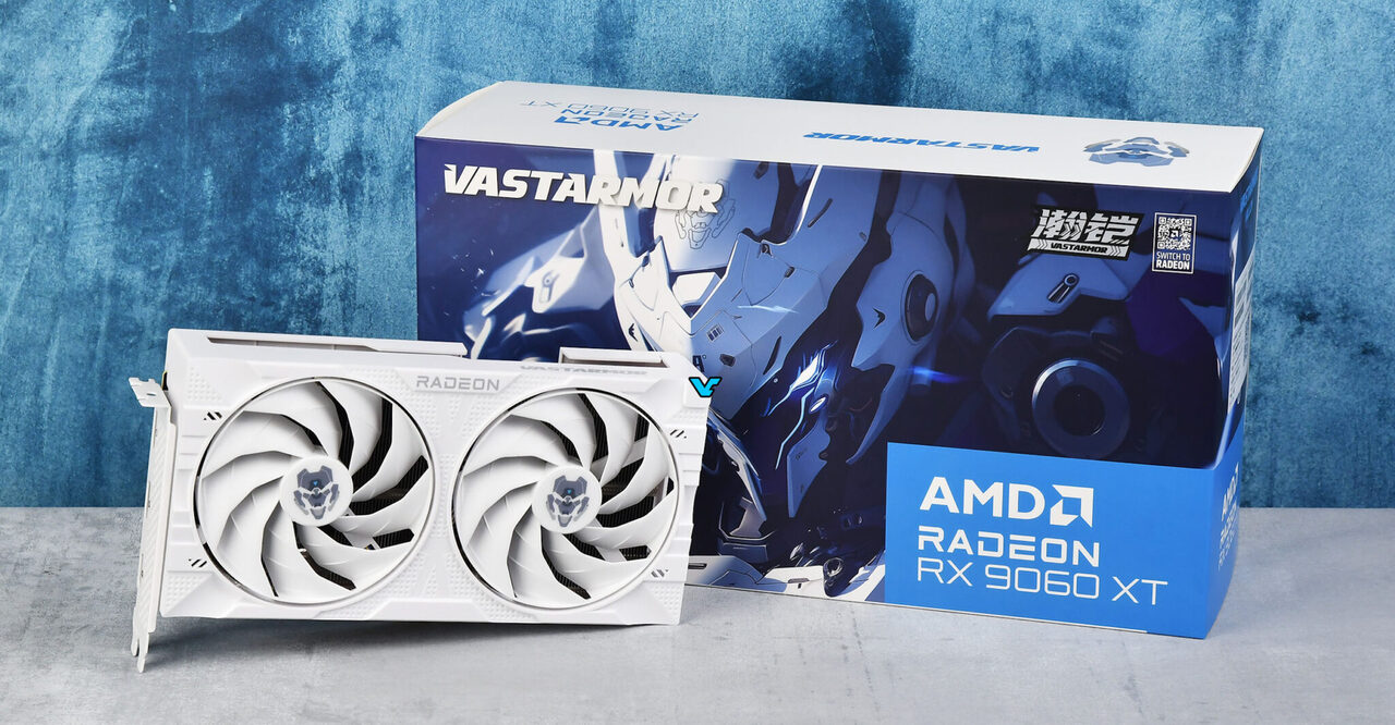 Vastarmor RX 9060 XT: Bao bì logo Radeon màu xanh