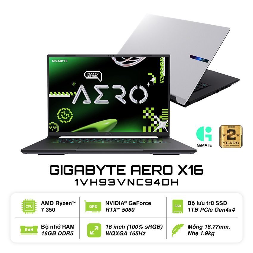 Laptop Gigabyte Gaming AERO X16 (X16-1VH93VNC94DH) (Ryzen AI 7 350/16GB RAM (1*16GB)/1TB SSD/RTX5060 8G DDR7/16 inch WQXGA 165Hz/Win 11/Trắng) 