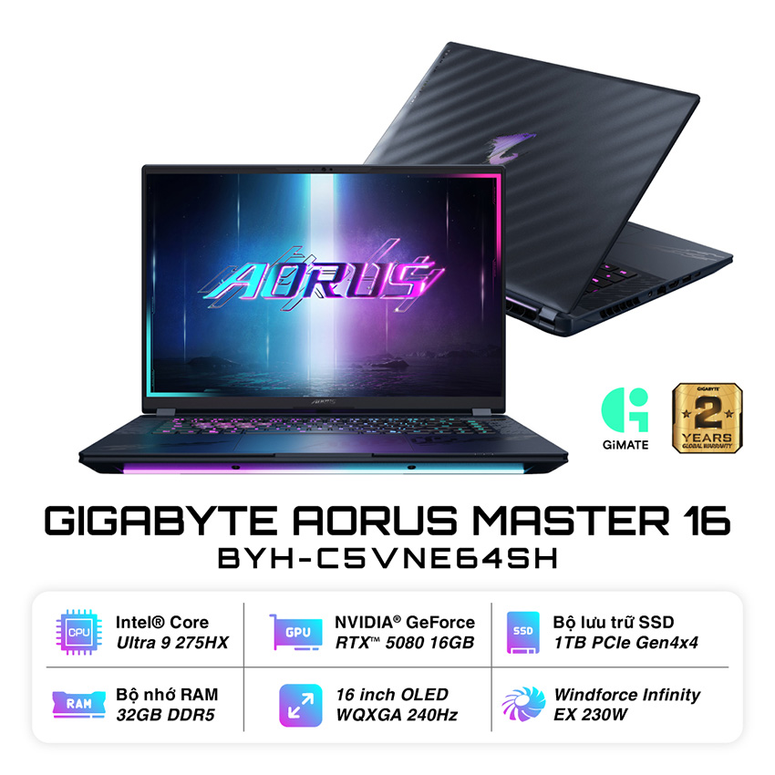 Laptop Gigabyte Gaming AORUS MASTER 16 (BYH-C5VNE64SH) (Ultra 9 275HX /32GB RAM/1TB SSD/RTX5080 16GB GDDR7/WF7/16.0 inch OLED 2.5K 240Hz/Win 11/Đen)