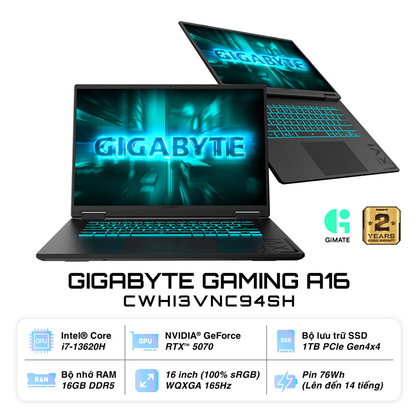 Laptop Gigabyte Gaming A16 (A16-CWHI3VNC94SH) (i7 13620H/16GB RAM (1*16GB)/1TB SSD/RTX 5070 8G/WF6E/16.0 inch WQXGA 165Hz/Win 11/Đen)